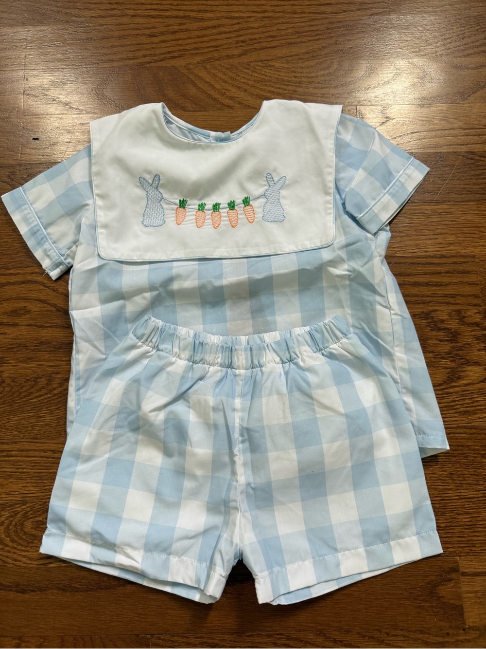 Light Blue Gingham Kids Matching Set with Embroidered Bunnies and Carrots